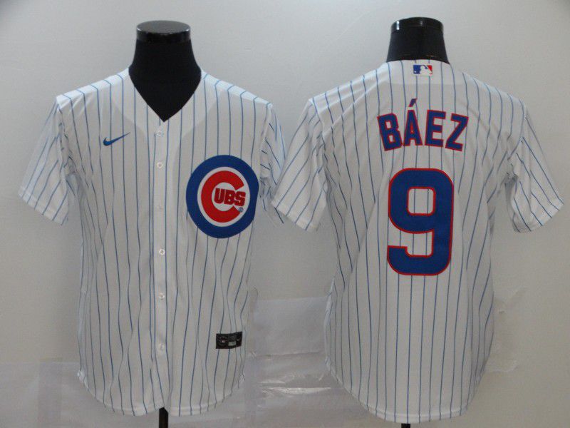 Men Chicago Cubs #9 Baez White stripes Nike Game MLB Jerseys